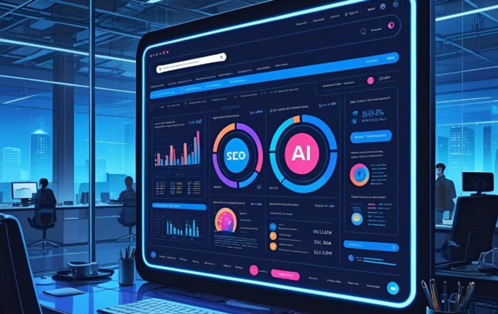 Futuristic office with large screen displaying colorful data visualizations on SEO and AI. Blue tones, modern setting, focused work ambiance.